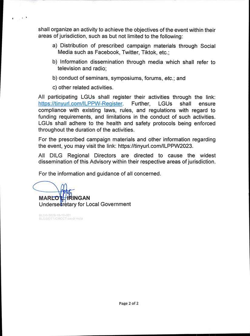 DILG Advisory on ILPPW