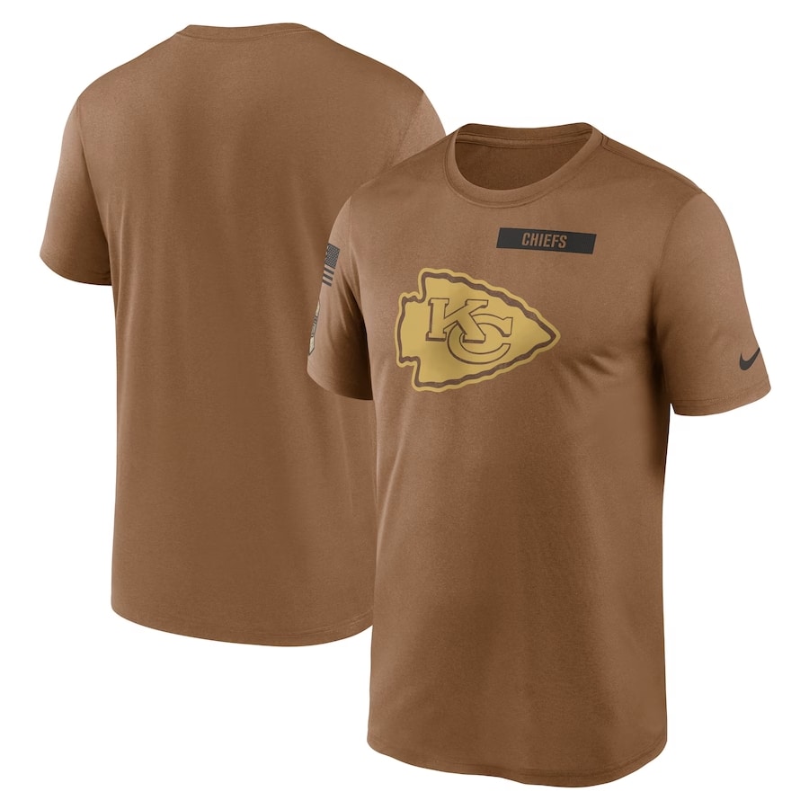 Kansas City Chiefs Nike 2023 Salute To Service Legend Performance T-Shirt - Brown color on a white background.