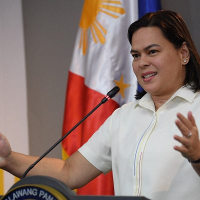(FILES) Philippine Vice President Sara Duterte speaks during a press conference at her office in Manila on December 11, 2024. Philippine lawmakers on February 5 voted to send articles of impeachment against Vice President Sara Duterte to the Senate, a day before the current congressional session was set to end. (Photo by TED ALJIBE / AFP)