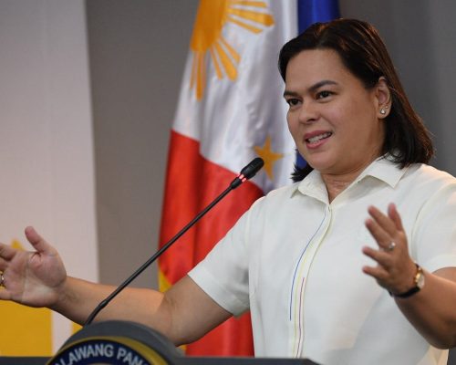 (FILES) Philippine Vice President Sara Duterte speaks during a press conference at her office in Manila on December 11, 2024. Philippine lawmakers on February 5 voted to send articles of impeachment against Vice President Sara Duterte to the Senate, a day before the current congressional session was set to end. (Photo by TED ALJIBE / AFP)